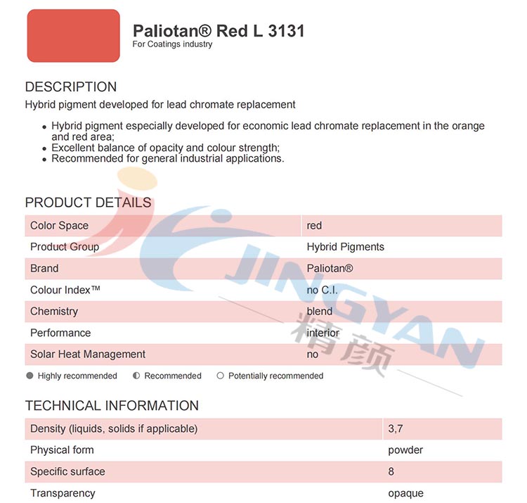 巴斯夫L3131红色经济型涂料专用高遮盖钛酸铬复合颜料